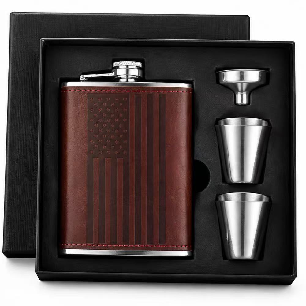 USA Flag Leather Hip Flask with Funnel & Optional 2 Cups – Patriotic Gift for Veterans & Dad