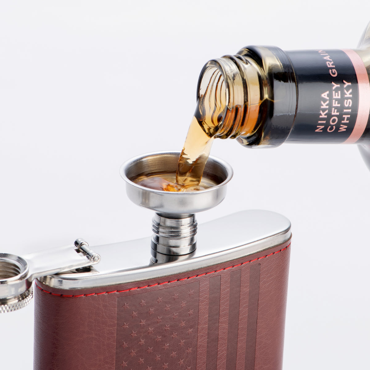USA Flag Leather Hip Flask with Funnel & Optional 2 Cups – Patriotic Gift for Veterans & Dad