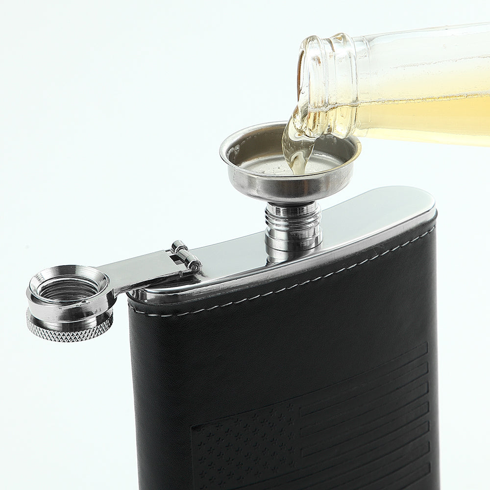 USA Flag Leather Hip Flask with Funnel & Optional 2 Cups – Patriotic Gift for Veterans & Dad
