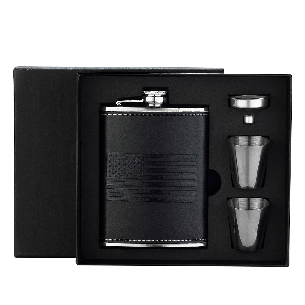 USA Flag Leather Hip Flask with Funnel & Optional 2 Cups – Patriotic Gift for Veterans & Dad