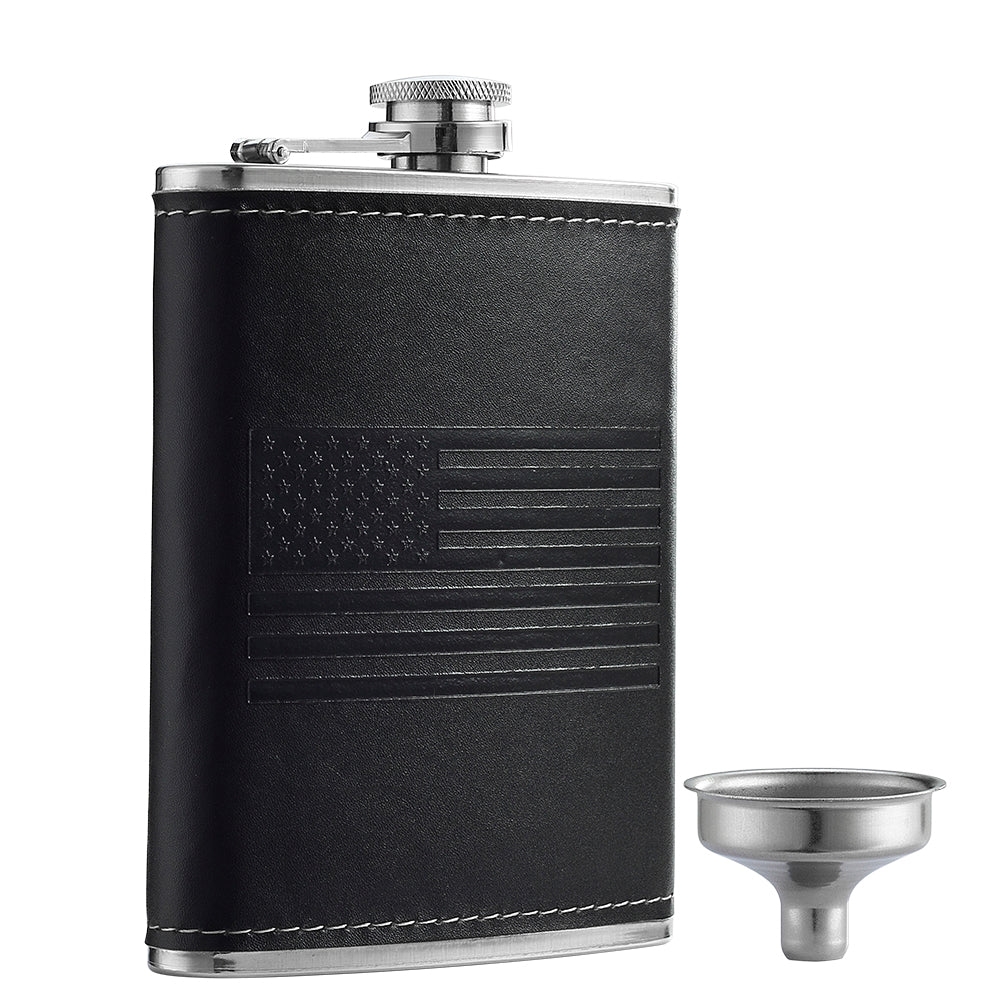 USA Flag Leather Hip Flask with Funnel & Optional 2 Cups – Patriotic Gift for Veterans & Dad